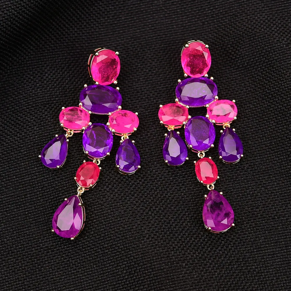 G-G A+ Grade Natural Mix Color Pink Red Purple Quartz Dangle Earrings Handmade Fine Jewelry