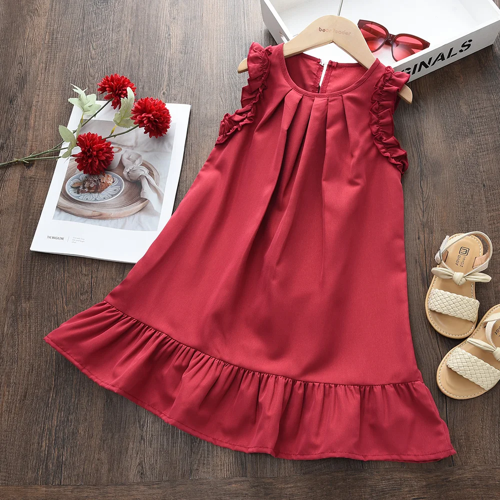 2-7 Years Old Summer New Korean Version Girls Round Neck Sleeveless Pleated Lace Princess Dress Solid Color Kids Casual Clothes