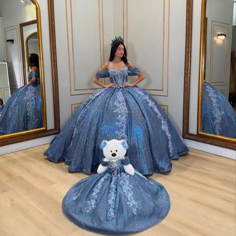 

Customized Shiny Sea Blue Quinceanera Dresses Off the Shoulder crystal applique Long tail Tull Vestido 15 Quinceanera