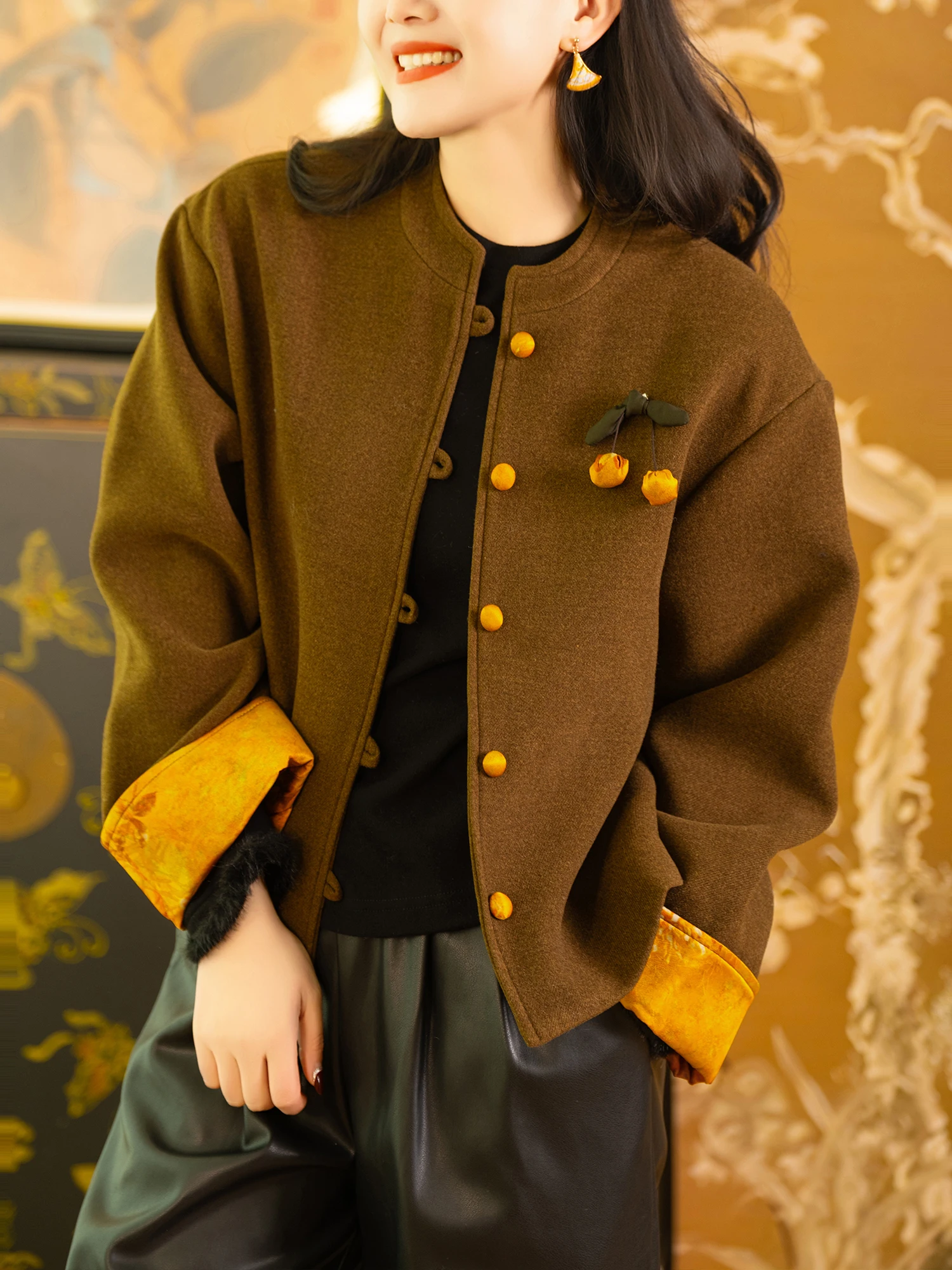 

Casual Woolen Soft Tweed Peony Embroidery Buttoned round Ne Coat Women's Loose Fit Faionable Autumn Winter Outerwear