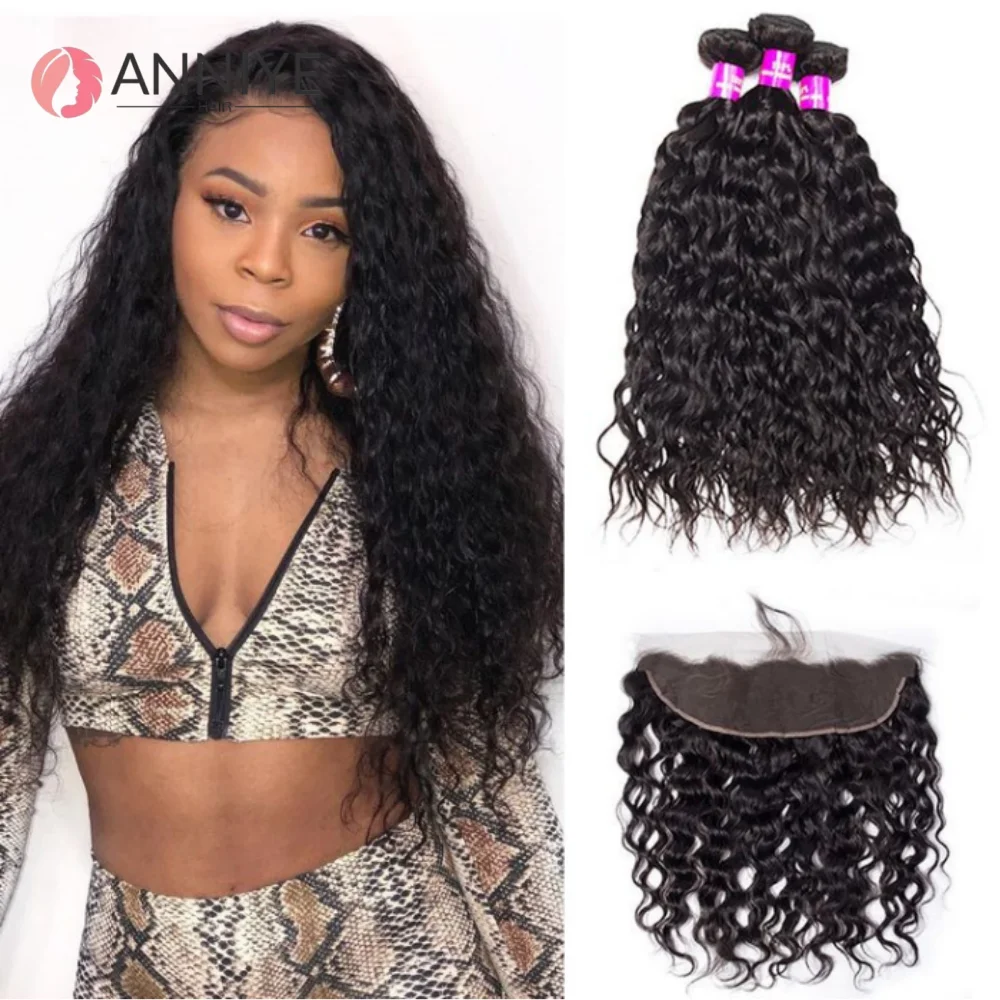 

Water Wave Virgin Hair Peruvian 3 Bundles With 13x4 Frontal Hair Extensions 100% Human Hair Weave For Black Women Natural Color