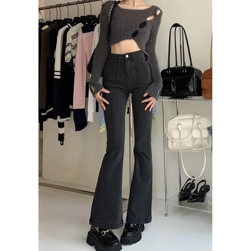 

Black Gray High-waisted Flared Jeans Women's Retro Straight Elastic Slim Slim Wide-leg Flared Pants Female Trousers