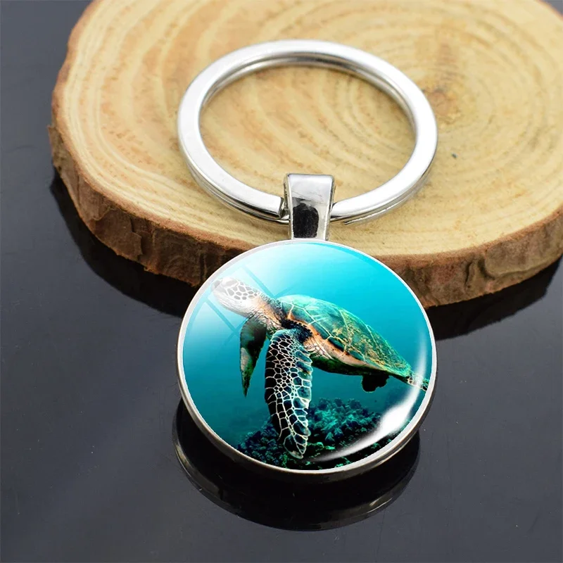 Sea Turtle Key Chain Tortoise Glass Cabochon Double Side Keychain Cute Animals Trinket for Men Women Gifts