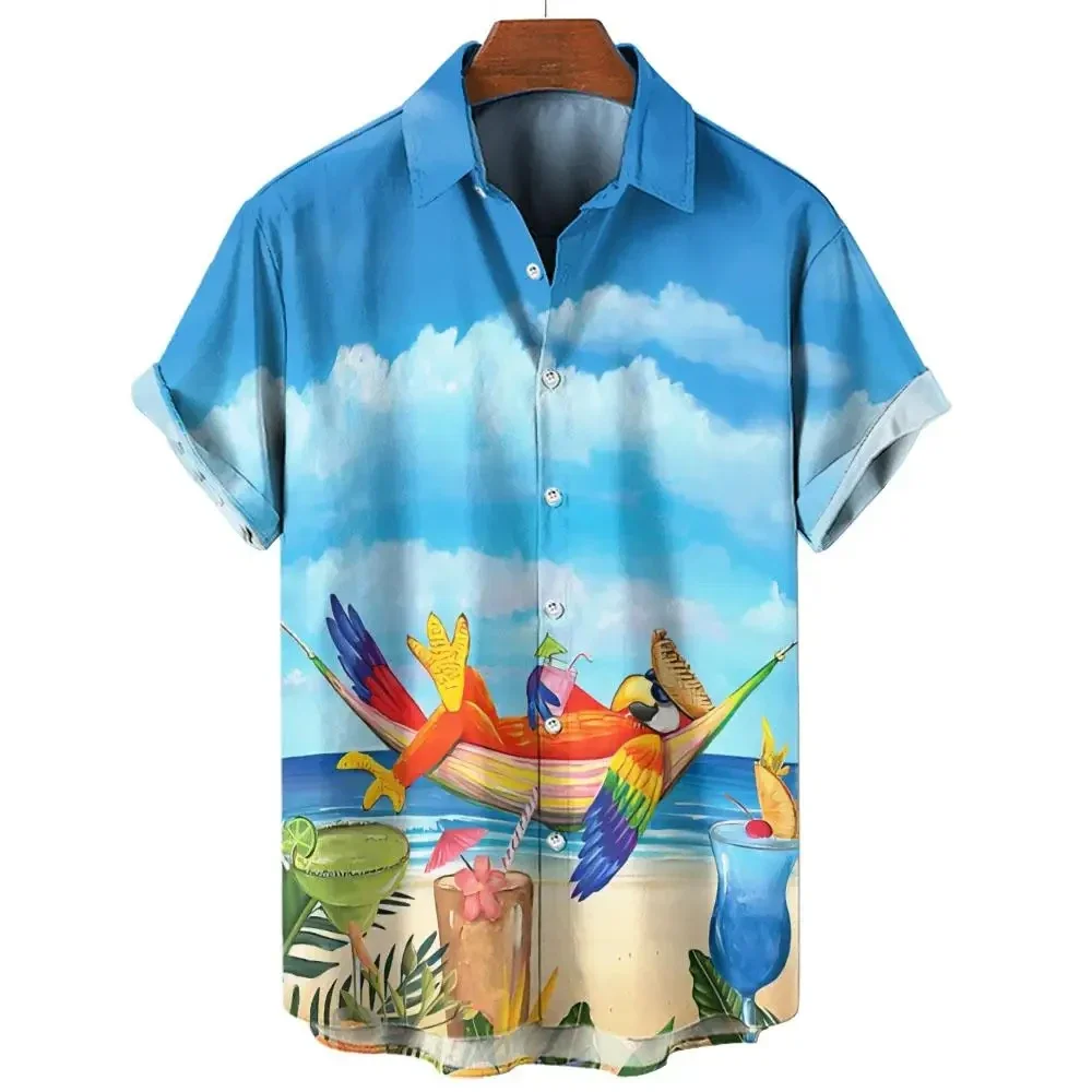 Men's Shirt Beach Parrot 3D Print Men's Clothing Oversized Summer New Casual Hawaii Beach Hawaiian Harajuku Holiday Shirt