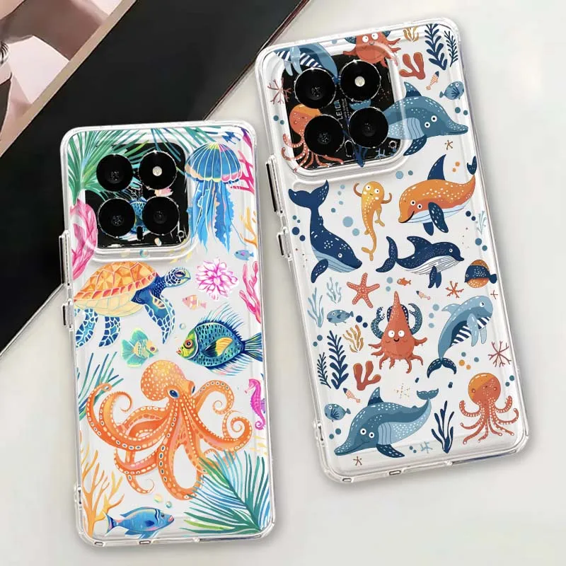 

Marine animal flowers Phone Case For Xiaomi 15 14 13 12 12S 12X 12T 11 11T Pro Lite TPU Transparent