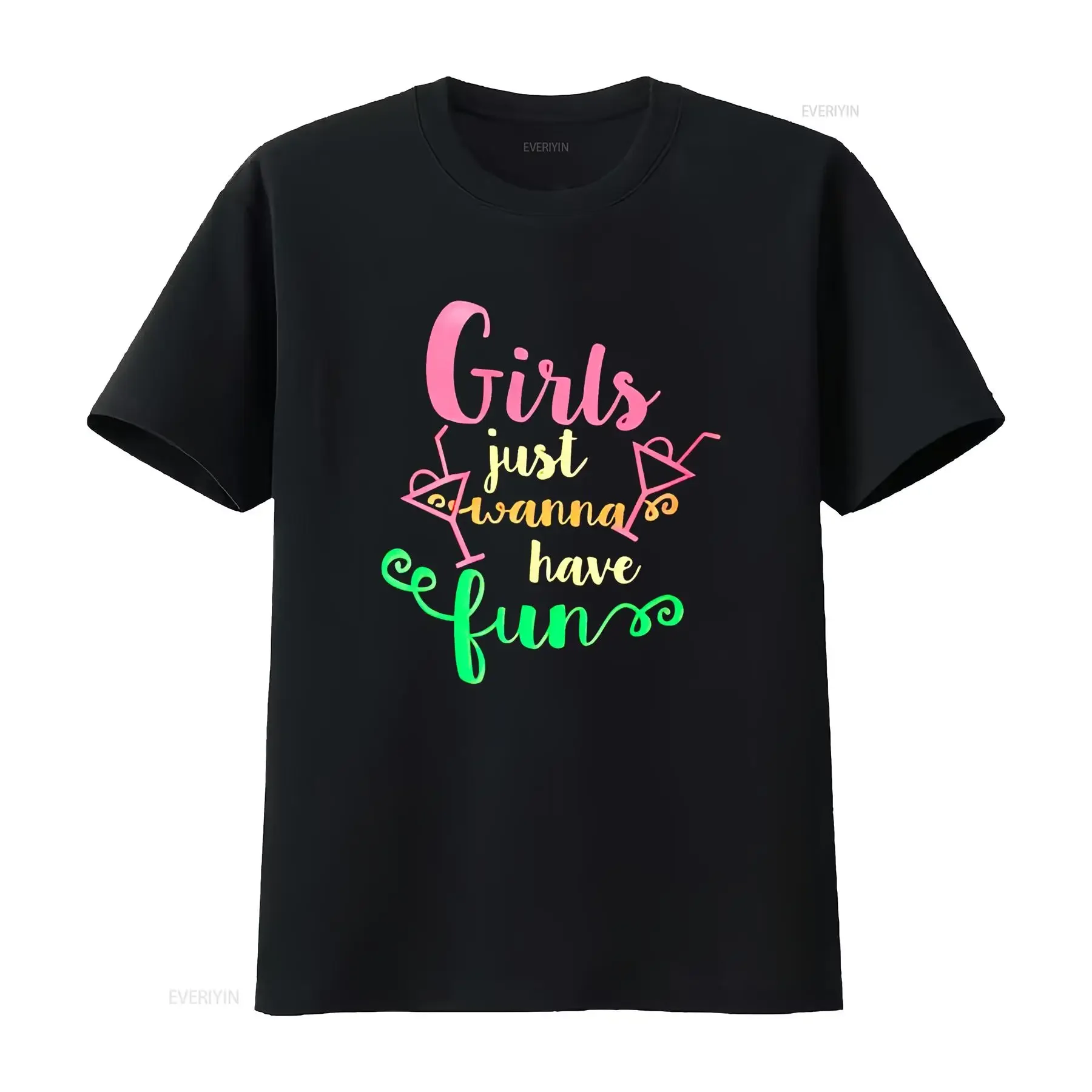 تي شيرت نسائي نيون 80 بنات Just Wanna Have Fun طباعة ملابس علوية غير رسمية أسود 2X كبير عتيق مغسول ملابس الشارع قابلة للتنفس أوم