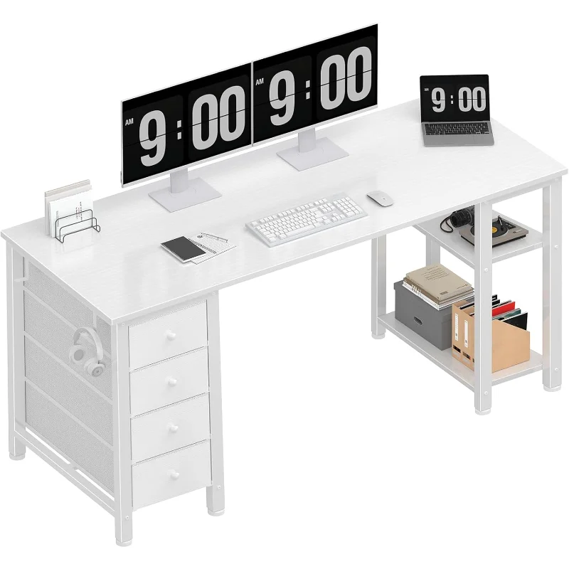 

White Computer Desk with Fabric Drawers & Storage Shelves, 63 Inch Study Work Writing Desk for Home Office Bedroom