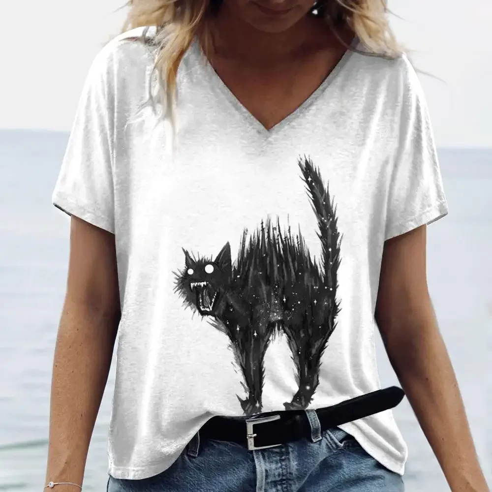 Women's T Shirt Cute Cat Pattern Print Summer O-Neck Short Sleeve Fashion Street Sportwear Plus Size Clothing Animal T-Shirts