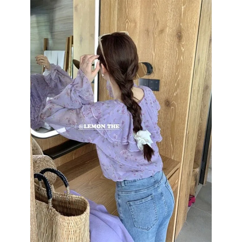 Summer French Gentle Women Temperament Purple Floral Appear Thin V-neck Ruffles Pagoda Sleeve Long Sleeved Slim All-match Tops