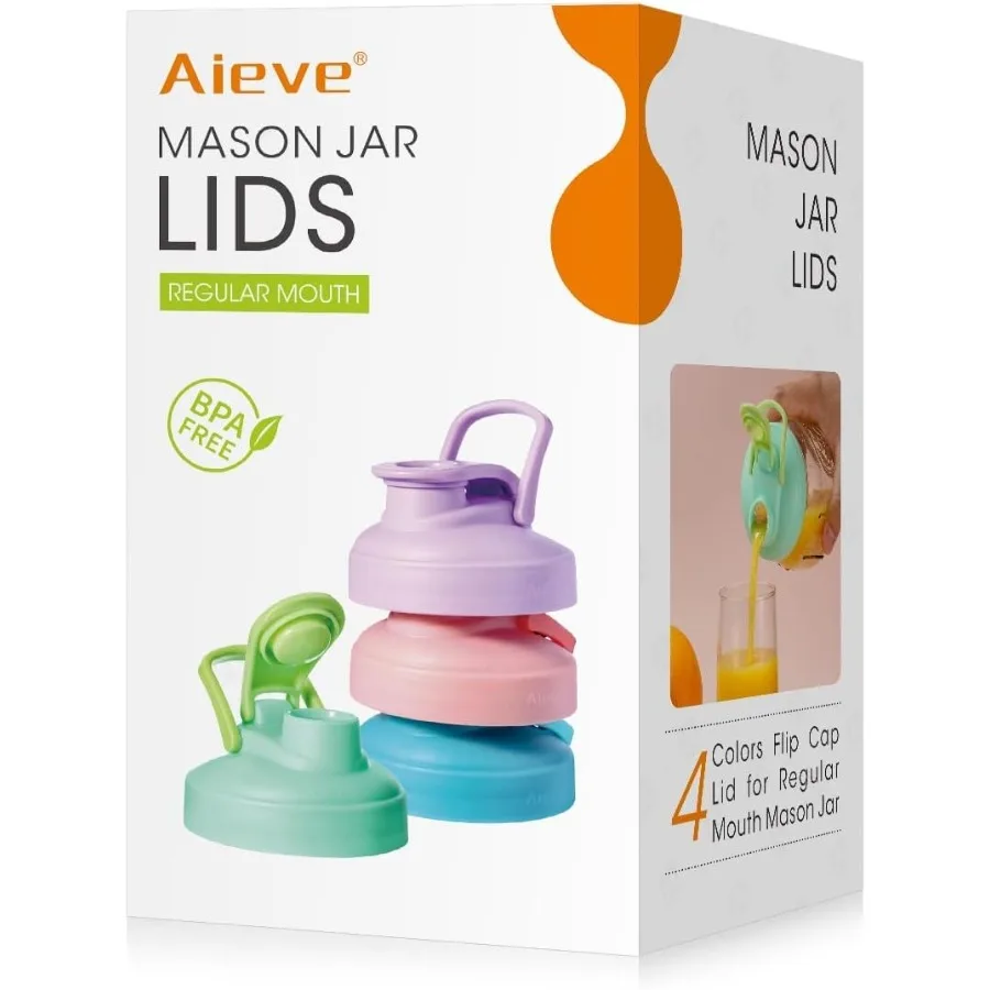 

AIEVE Mason Jar Pour Spout Lid 4 Pack Regular Mouth Mason Jar Lids with Flip Top Reusable and Leak-Proof Plastic Canning Pitche