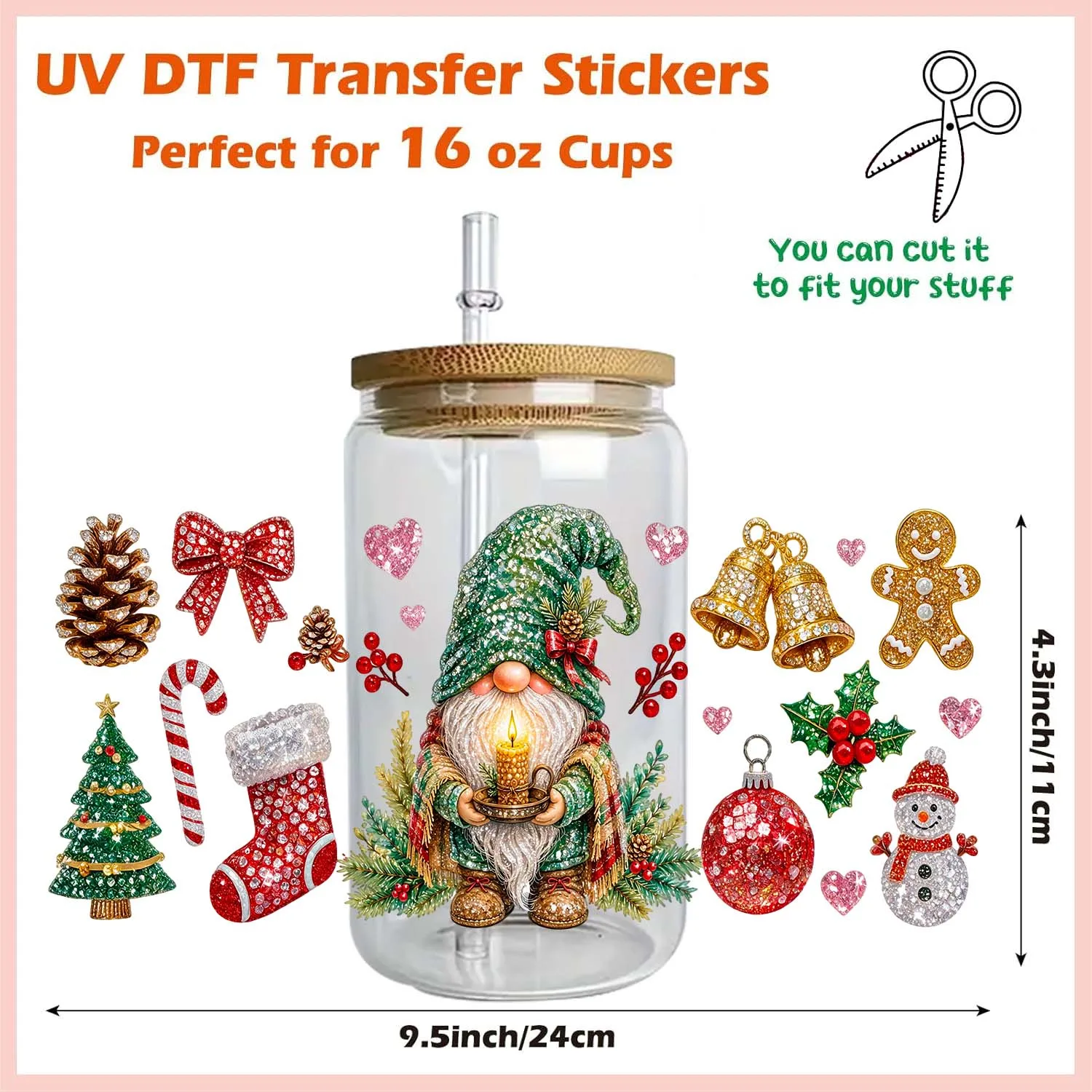 Christmas Season Gnome Rub On 16oz Uvdtf Sticker waterproof DIY Decals 3D transfers uvdtf tumbler stickers 16oz uv dtf cup wraps