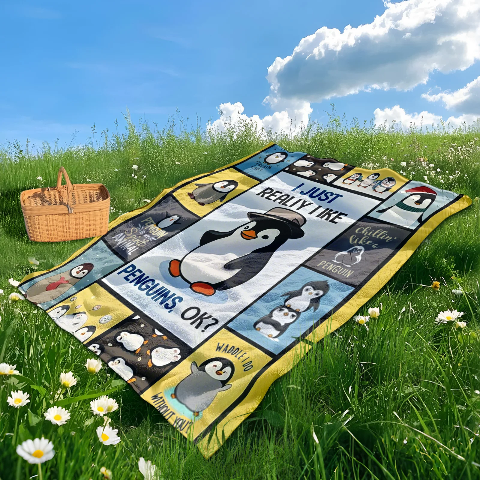 Penguin Multi Grid Pattern Beloved Animal Outdoor Blanket For Nature Lovers And Outdoor Adventures Featuring Playful Designs