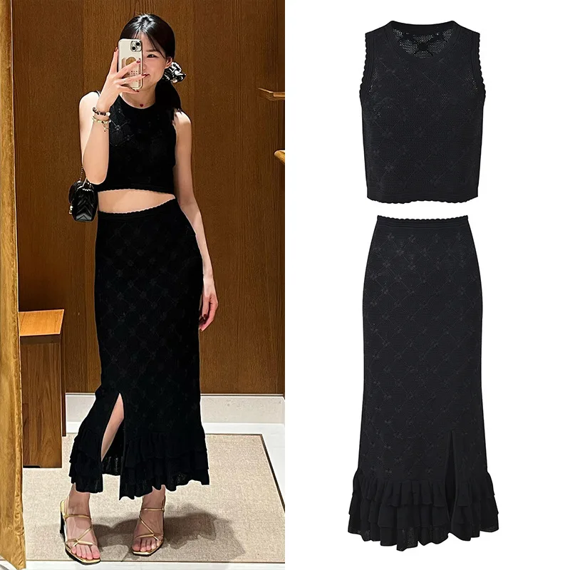 New Arrival 2026 Summer Hollow Out Solid Suit O-neckline Sleeveless Short Tops Ruffles Slit Long Skirt Women Knit 2Pcs