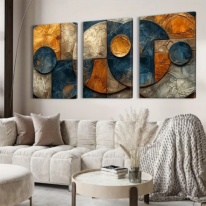 2D Flat, 3pcs Modern Abstract Framed  - Vertical Geometric Line & Circle Canvas Paintings with Ink on Wrapped Canvas Frame, N