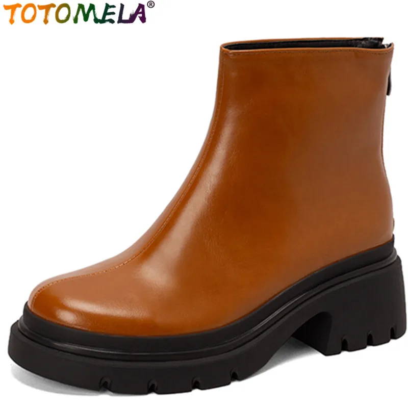 

TOTOMELA 2022 New Arrive Simple Pu Zipper Women Boots Spring Ankle Boots Vintage Thick High Heels Platform Shoes