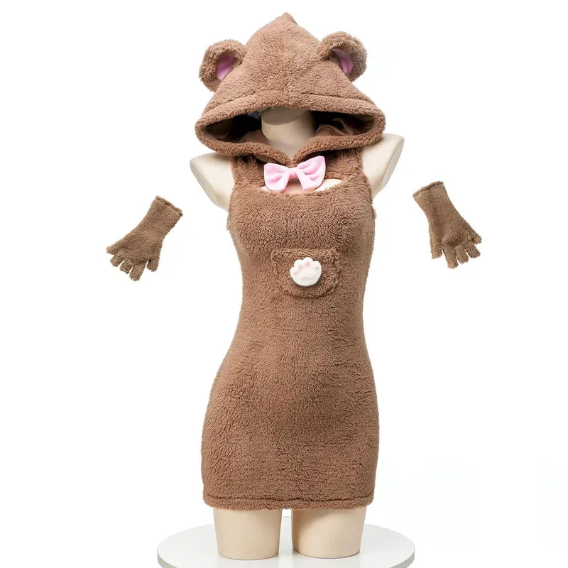 

Anime Bear Maid Cosplay Costume Women Kawaii Plush Hooded Bodysuit Gloves Suits Cute Sleeveless Dress Pajamas Halloween Clothing