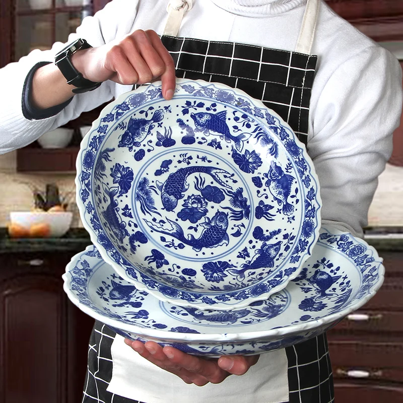 Blue & White Porcelain Serving Platter Large Round Ceramic Dish Main Course Plate for Fish & Meat Fine Dining Serving Platter