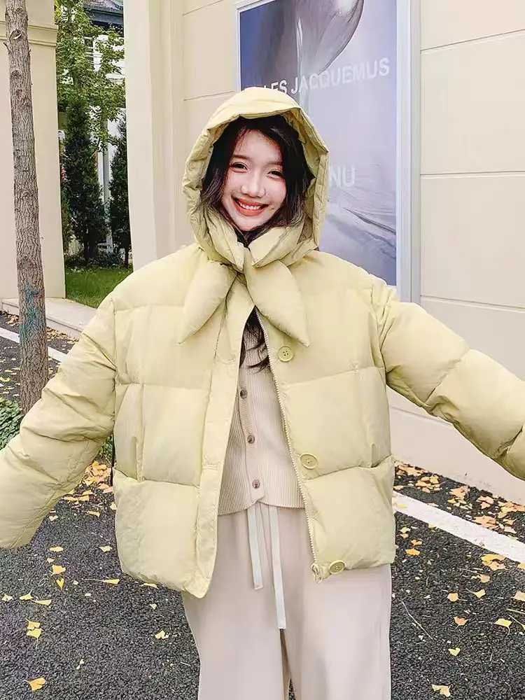 

​​Winter 2025 Detachable Hood Padded Coat Women Cropped Fluffy Ears Bow Detail Thermal Padded Ribbed Accents Comfy Warmth​​