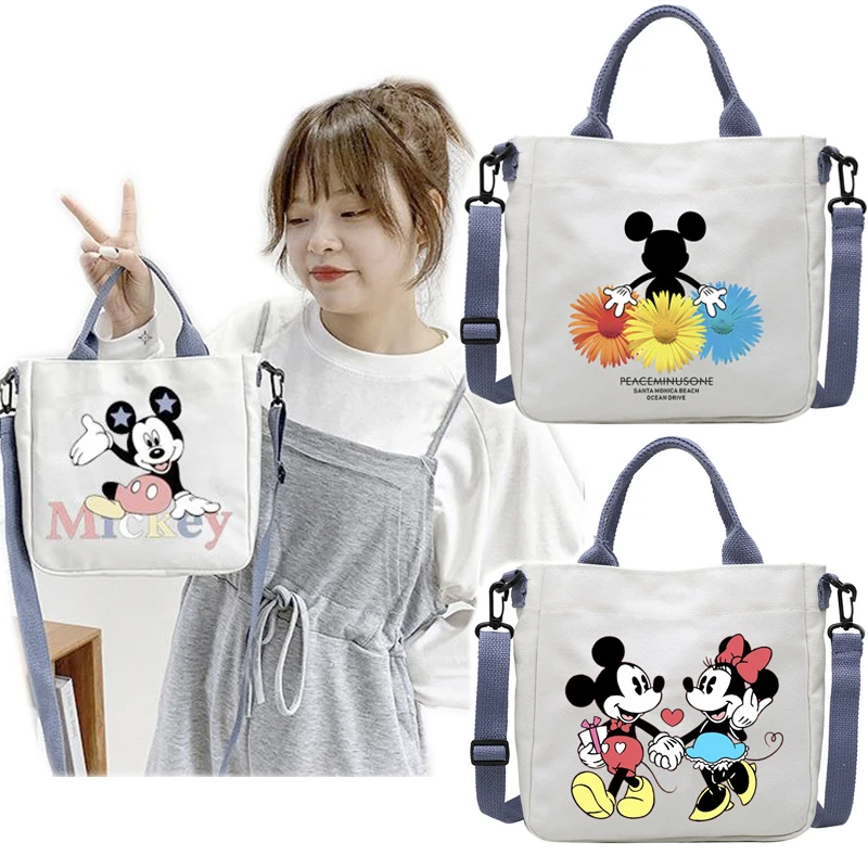 2024 Disney Mickey Mouse Canvas Tote Bag for Women Cartoon Minnie Handbag Detachable Shoulder Strap Large Capacity Crossbody Bag