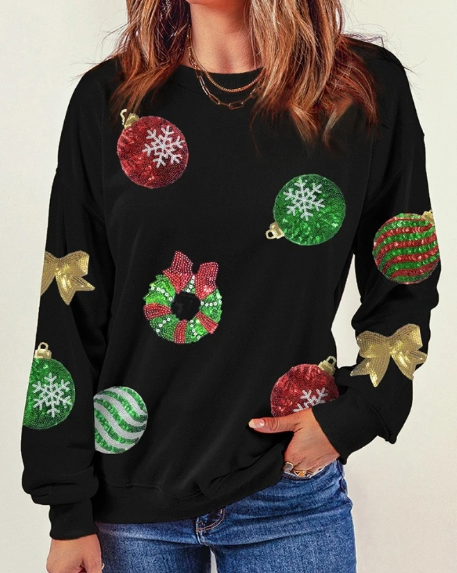 

2023 Autumn Fashion Christmas Wreath Bowknot Pattern Contrast Sequin Sweatshirt Temperament Casual Top for Women