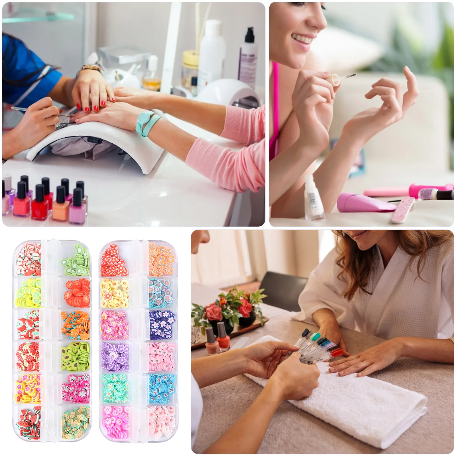 

2 Boxes Art Slice Decorations Diy Manicure Supplies Flower Fruit Design 12 Grids Per Box Home Use Nails Sequins