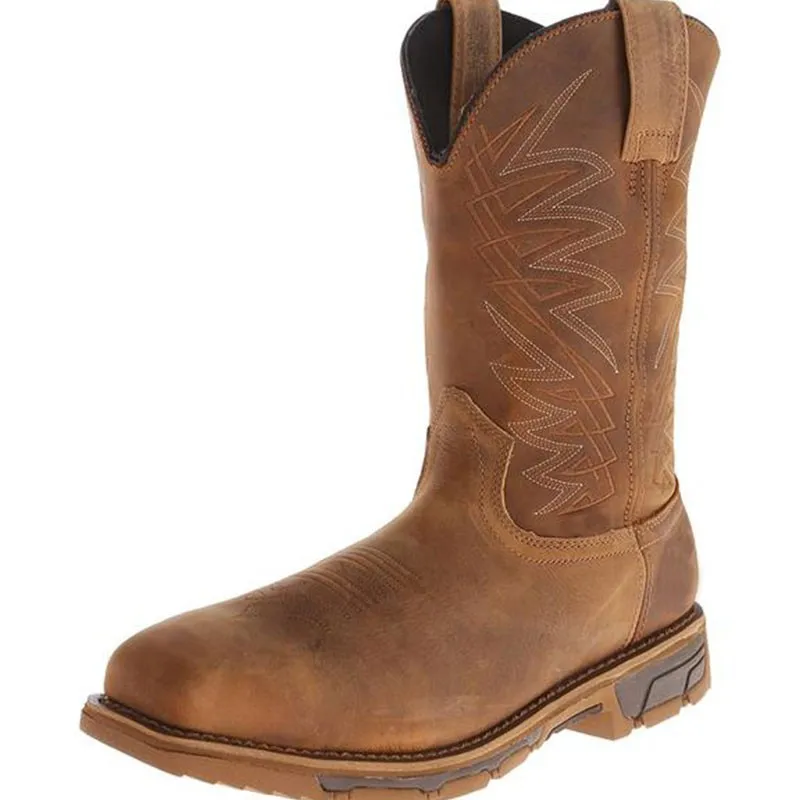 

Men's Brown Leather Work Cowboy Boots Stitched Detail Durable Sole Mid-Calf for Rugged Outdoor Industrial Casual Workwear Looks