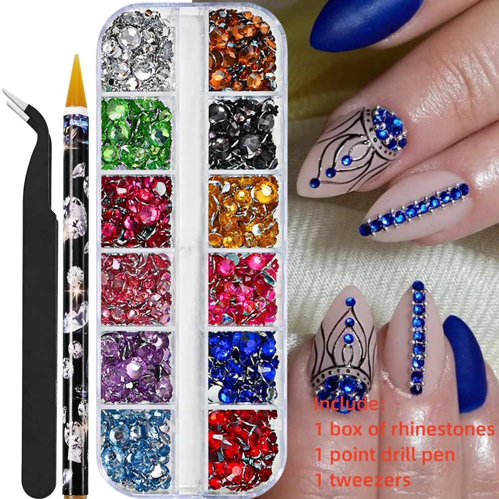 12Gird 3D Glas AB Crystal Nail Art Steentjes Kit Plaksteen Ronde Kraal Charme Edelstenen Sieraden Diamant met Gereedschap voor Nail Art