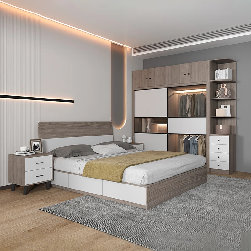 

!@Modern Bedroom Furniture Double Bed Storage king Bed Child for Kids Set Complete Cupboard Save Space Frame