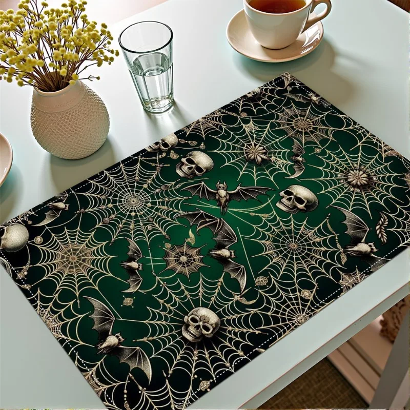 4pcs Gothic Victorian Vampire-Themed Placemats Set Dark Green Golden Spider Web Skull Bat Design, Durable Polyester Fabric