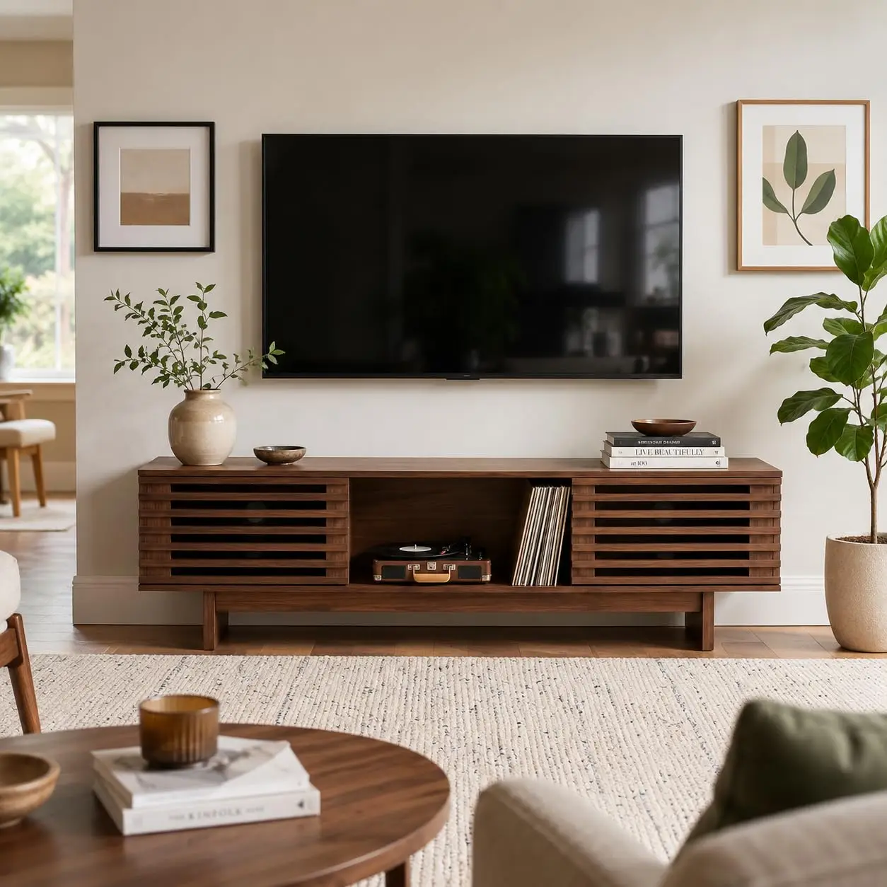 TV Stand, 63 Inch Entertainment Center with Louvered Door | 3 Cable Management Holes, Easy to Clean, Customized