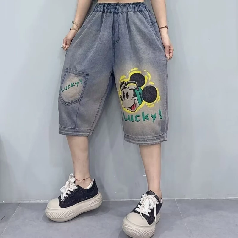 

Women's Plus Size Mickey Mouse Print Denim Shorts, Trendy Retro Distressed 5-Point Jeans, Loose High Waist Wide Leg Harem Shorts