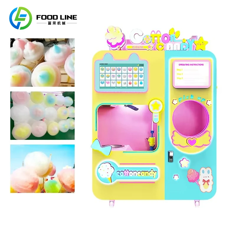 Máquina expendedora automática de algodón de azúcar de fábrica, fabricante de dulces de flores de hilo dental para inversión de pequeñas empresas