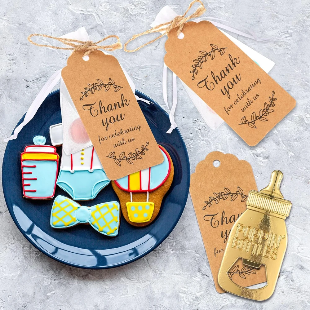 10 set baby shower gift set bottle shaped opener with hard gauze bag commemorative keychain, thank you label themed party gift