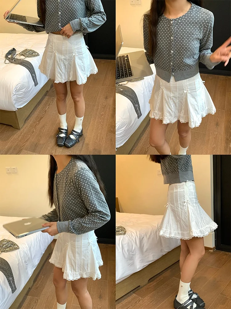 

Korean Style Half-length Pleated Skirt with Lace Trim And Knot White Slimming A-line Short Skirt for Women