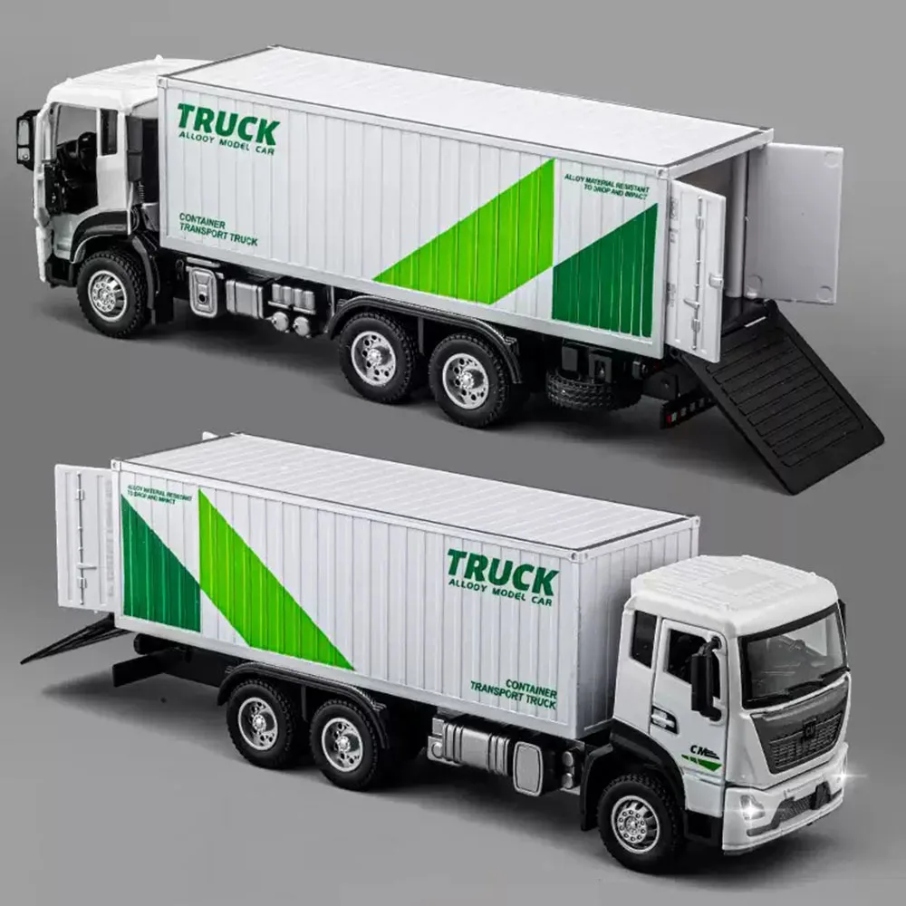 

1:32 Container Transport Truck Alloy Diecast Model Toys Car Doors Opened Sound Light Pull Back Vehice Children's Puzzle Toy Gift