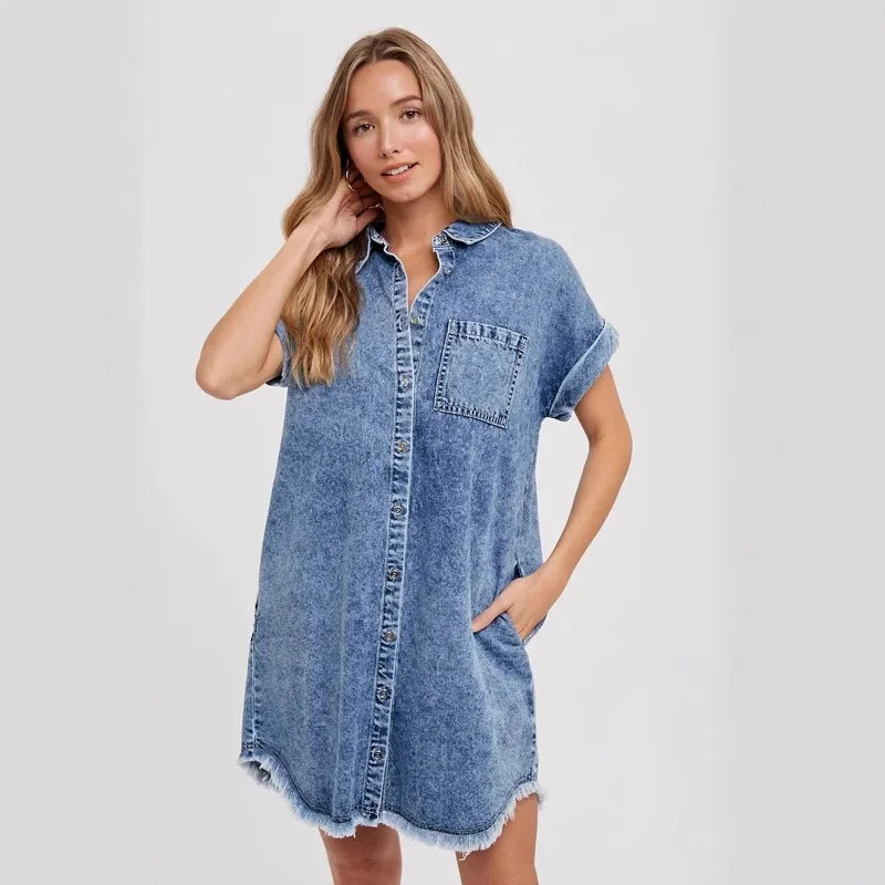 

Summer 2025 Versatile Loose Women's Cardigan Denim Short Sleeved Dress 16805