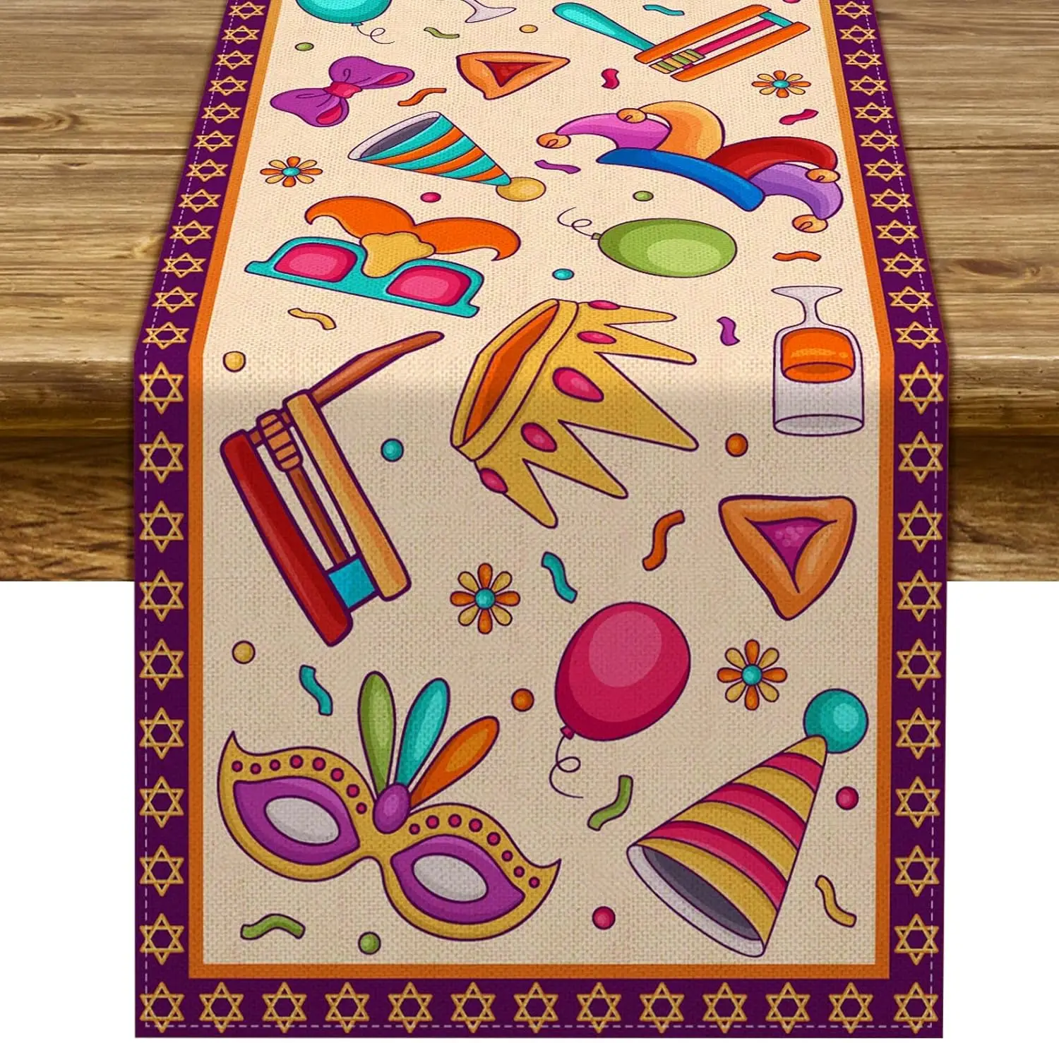 Happy Purim Linen Table Runner Jewish Holiday Carnival Party Decor Masque Crown Kitchen Dining Room Outdoor Picnic Home Decor