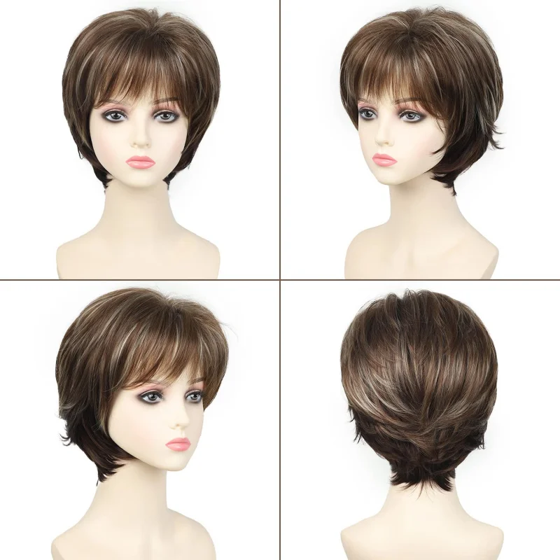 Short Golden Brown Blonde Wig for Women – Layered Synthetic Wig with Bangs, Heat-Friendly, Glueless for Daily Wear