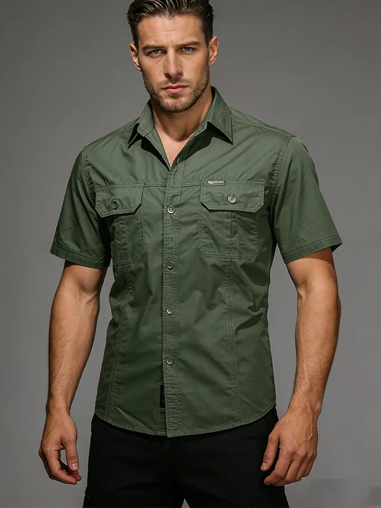 Men's Cotton Tactical Short Sleeve Shirt Breathable Multi-Pocket Outdoor Hiking Camping Work Shirt Durable Casual Top for Men
