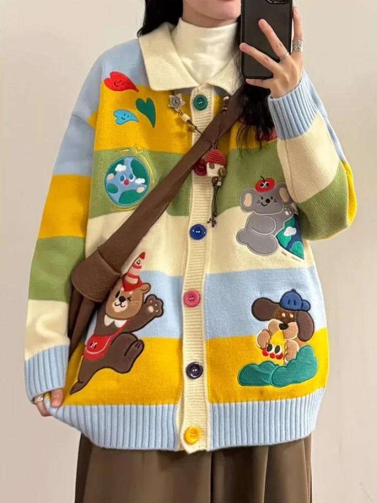 Women's Cartoon Embroidery Cardigan Sweater Spring Fall Colorful Buttons Colorblock Color Loose Fit Knitted Casual Dopamine Coat