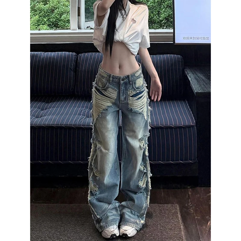 

Женские винтажные синие мешковатые рваные джинсы Y2k, уличная одежда, джинсовые брюки в стиле Харадзюку 90-х годов, джинсовые брюки в стиле ретро 2000-х годов, мусорная одежда