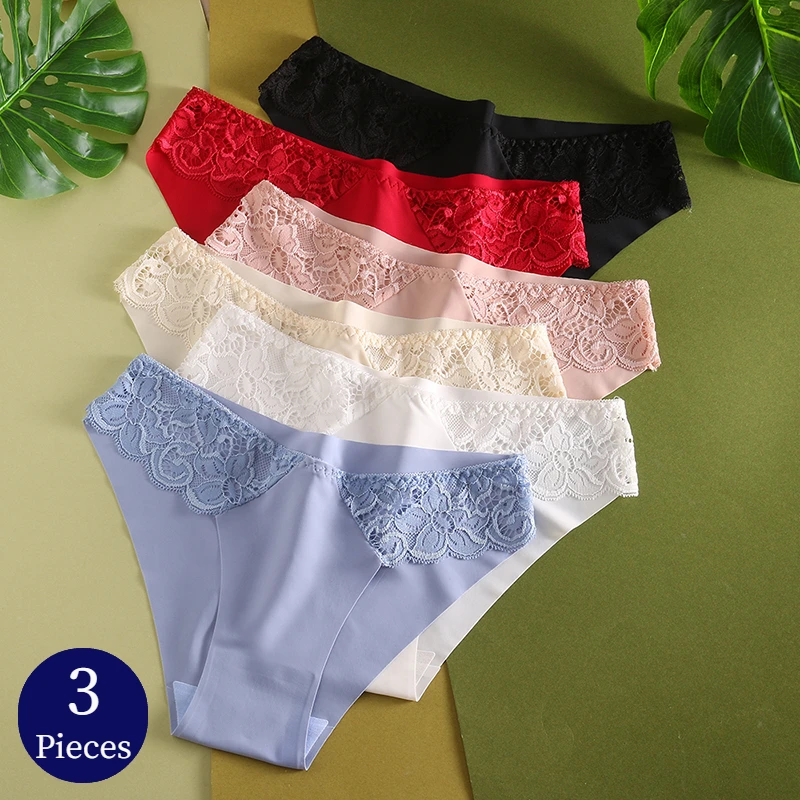 BZEL 3PCS/Set Women\'s Panties Sweet Lace Underwear Exquisite Sexy Lingerie Woman Silk Satin Briefs Comfort Breathable Underpants