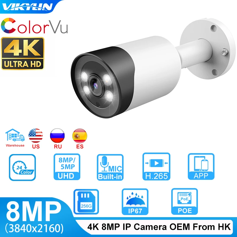 Vikylin For Hik Compatib 4K 8MP Full COLOR NIGHT CAMERA 8MP ColorVu Bullet IP Camera Colorful 5MP Security CCTV PoE Build in Mic