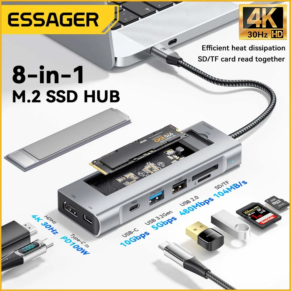 Essager 8-in-1 USB Hub With Disk Storage Function USB Type-c to HDMI-Compatible Laptop Dock Station For Macbook Pro Air M1 M2