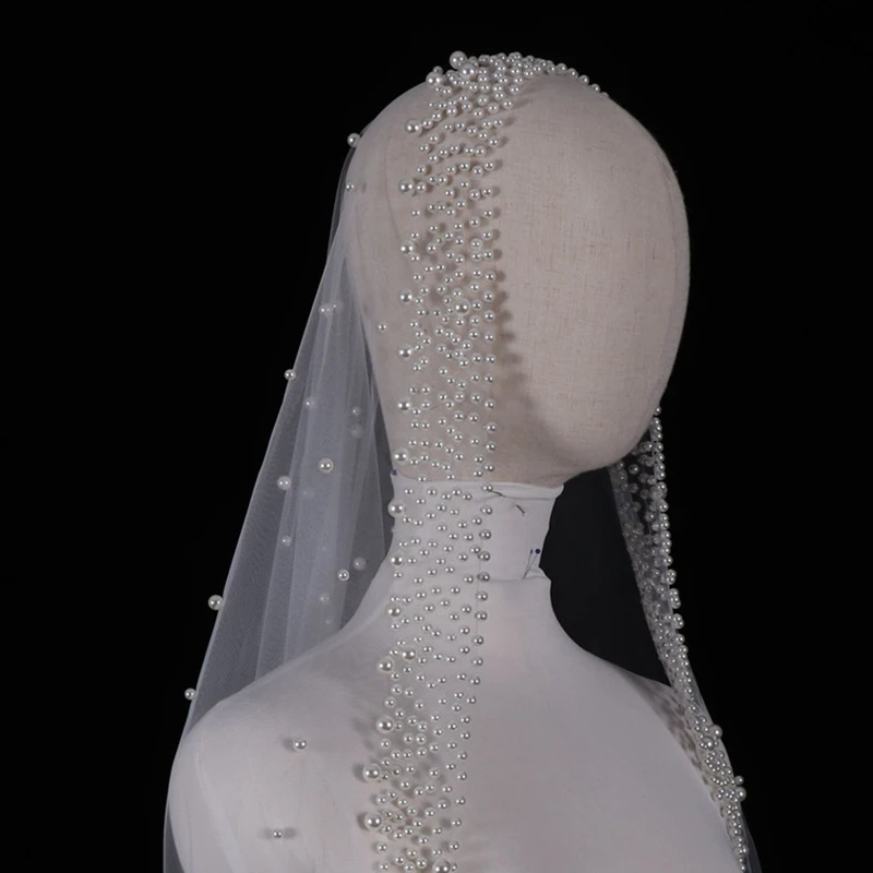 2022 Whitney Handmade Welon ślubny Luxury Pearls Wedding Veil Off White Fascinator Velo de Novia catedral de lujo 3 Meter Width