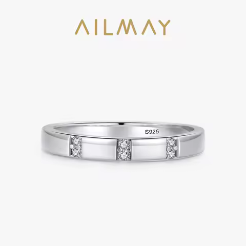 Ailmay Authentic 925 Sterling Silver Simplicity Cubic Zirconia Geometric Finger Ring For Women Wedding Engagement Fine Jewelry