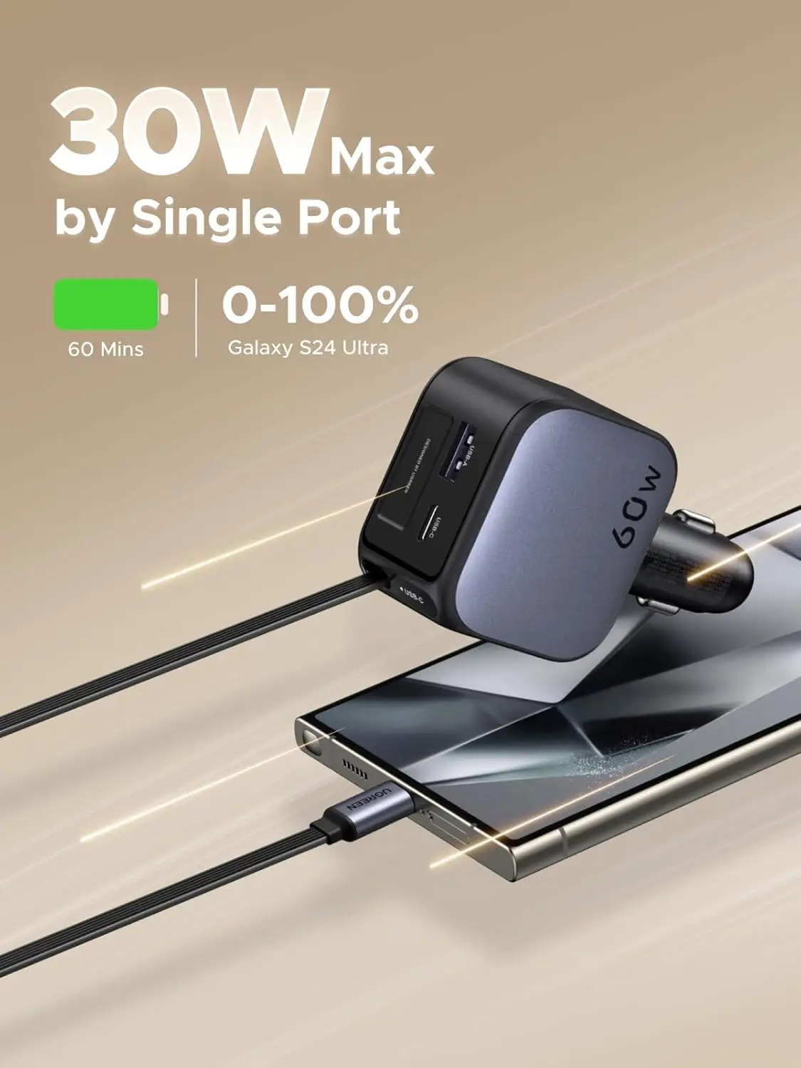 UGREEN 60W 2C1A 접이식 케이블 차량용 충전기, 30W PD USB-C, USB-A, 시거잭 어댑터가 포함된 3포트 고속 충전기