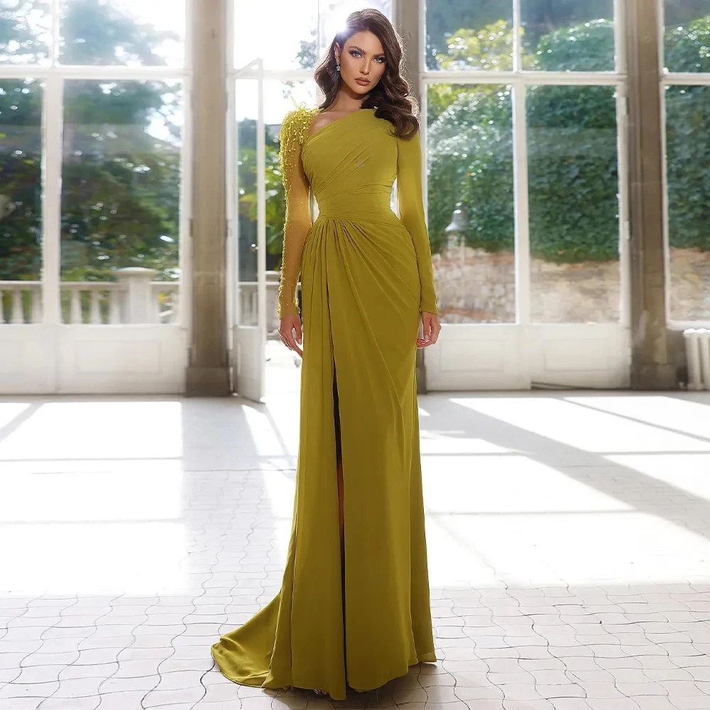 Yellow Mermaid Long Sleeves V Neck Backless Sequin Beading Evening Dress Side Slit for Women 2023 Side Slit Trumpet Prom Dress