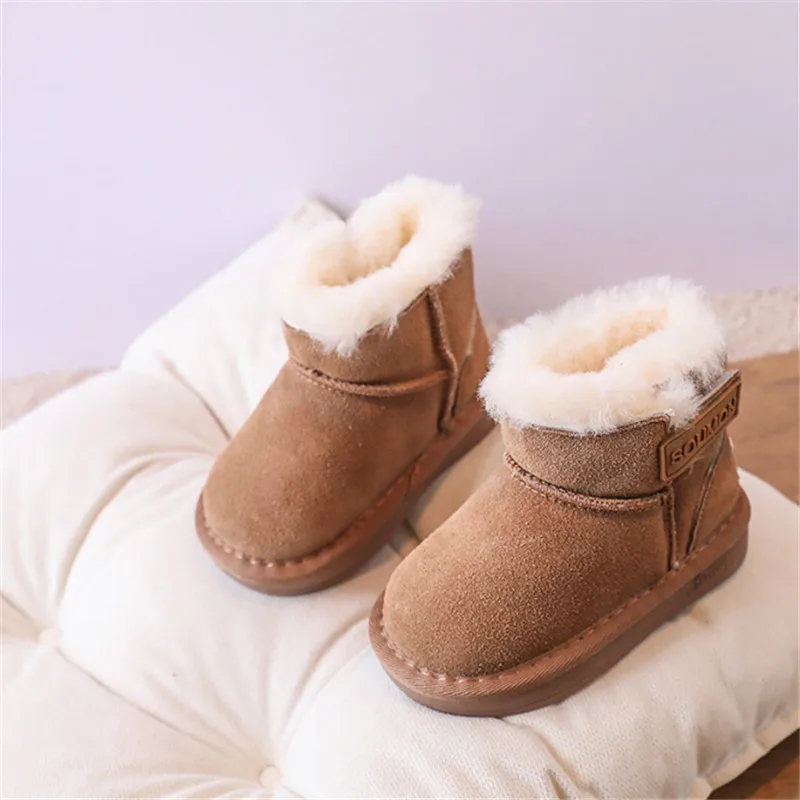 2023 New Winter Baby Boots Genuine leather Warm Plush Little Boys Shoes Non-slip Fashion Toddler Girls Snow Boots