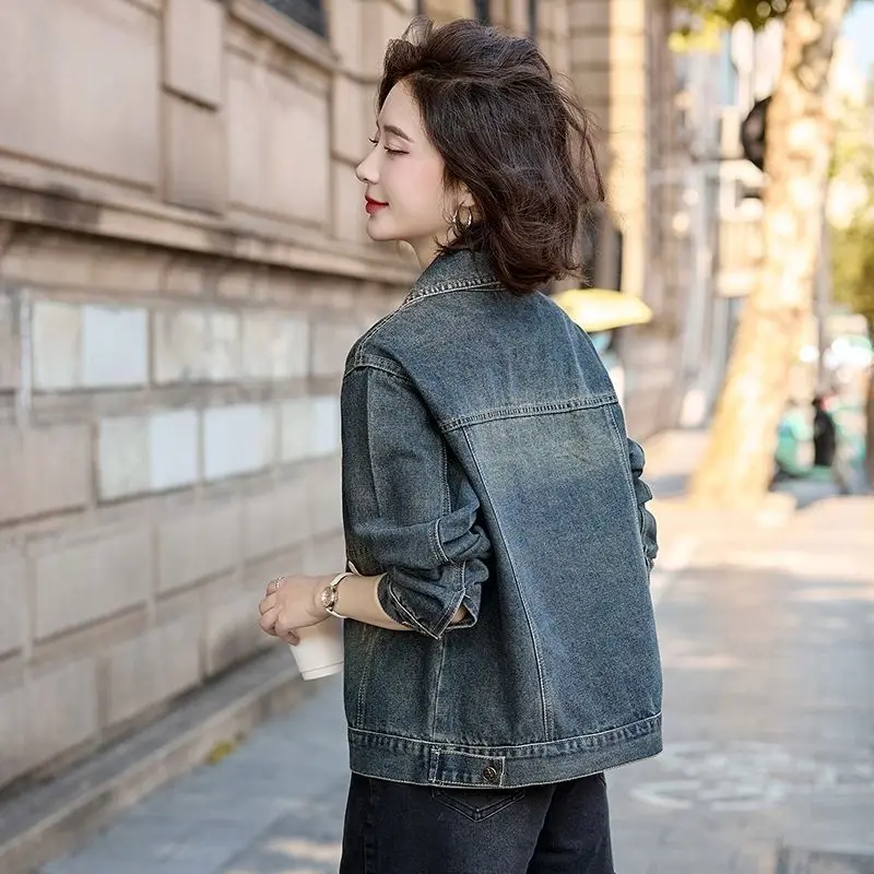 Jaqueta jeans curta elegante feminina 2025 primavera outono vintage estilo retrô americano casual agasalhos com mangas compridas
